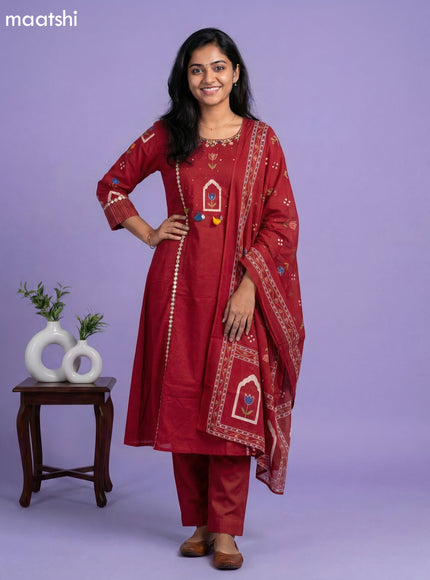 Maroon Cotton Printed & Simple Embroidery Work A-Line Suit