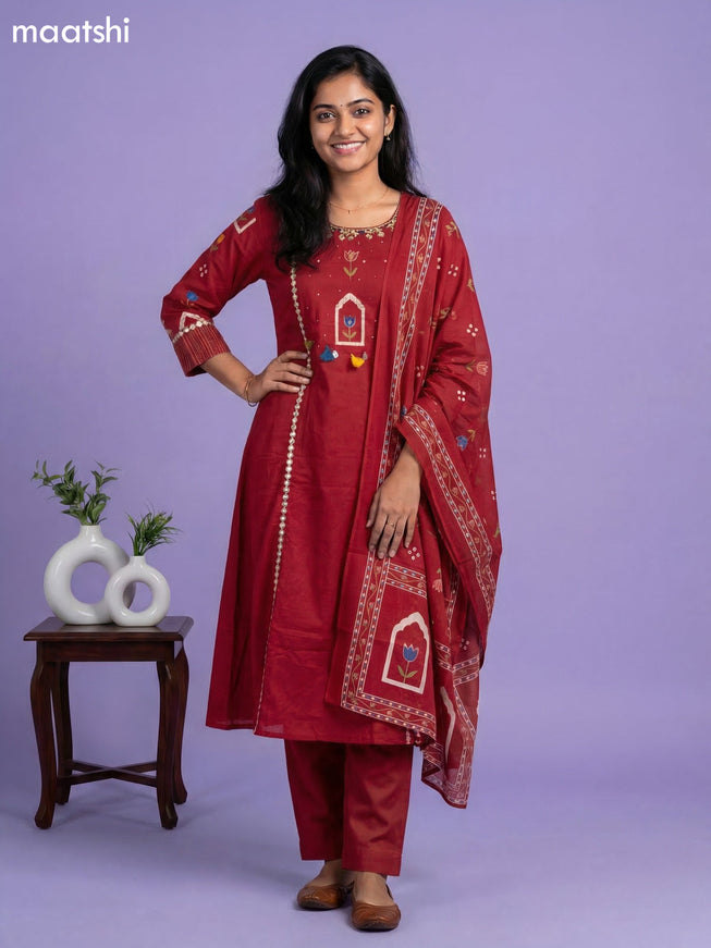 Maroon Cotton Printed & Simple Embroidery Work A-Line Suit