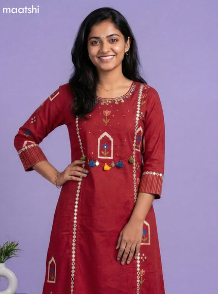 Maroon Cotton Printed & Simple Embroidery Work A-Line Suit