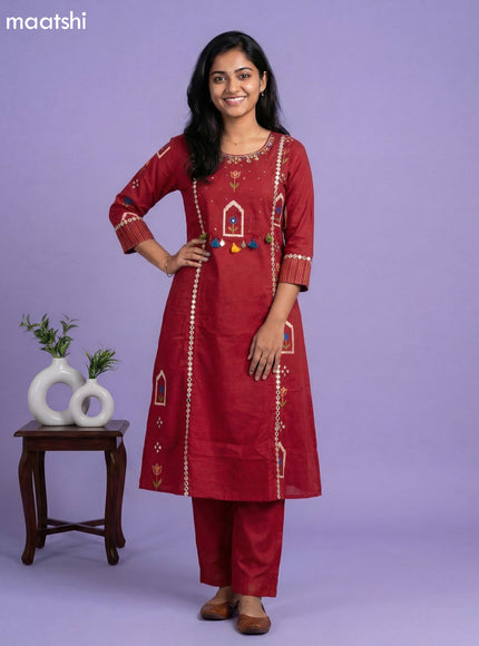 Maroon Cotton Printed & Simple Embroidery Work A-Line Suit