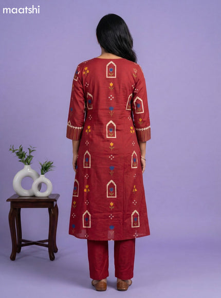Maroon Cotton Printed & Simple Embroidery Work A-Line Suit