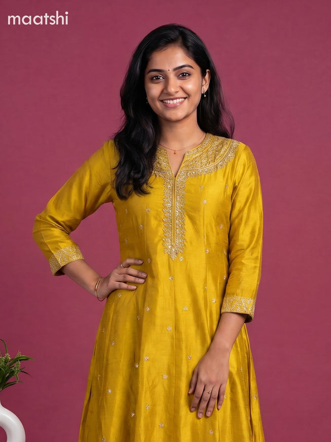 Mustard Yellow Art Silk With Embroidery Work Anarkali Suit