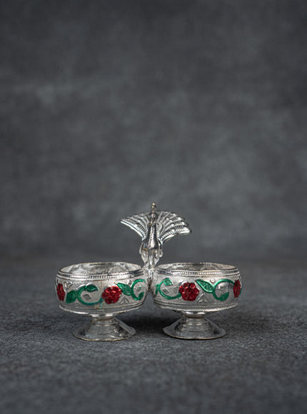 German Silver 2-Cup Kumkum Holder with Meenakari Prints - WBG0076