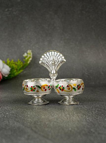 German Silver 2-Cup Kumkum Holder with Meenakari Prints - WBG0076