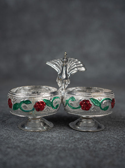German Silver 2-Cup Kumkum Holder with Meenakari Prints - WBG0076