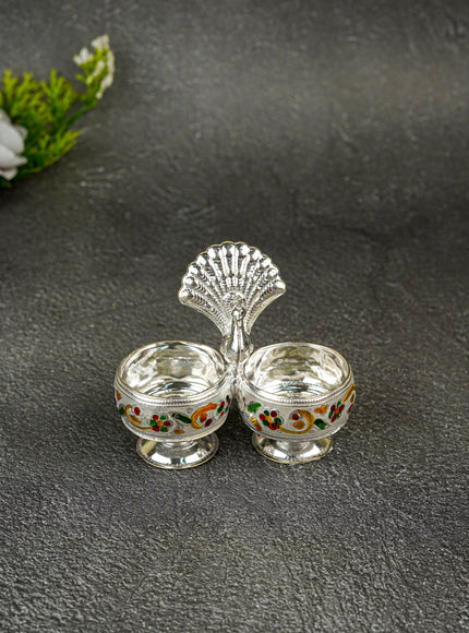 German Silver 2-Cup Kumkum Holder with Meenakari Prints - WBG0076