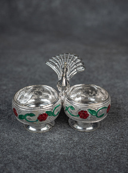 German Silver 2-Cup Kumkum Holder with Meenakari Prints - WBG0076