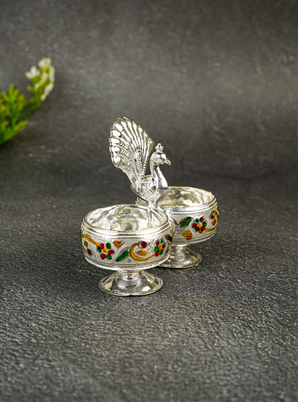 German Silver 2-Cup Kumkum Holder with Meenakari Prints - WBG0076