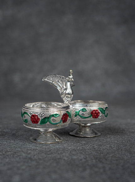 German Silver 2-Cup Kumkum Holder with Meenakari Prints - WBG0076