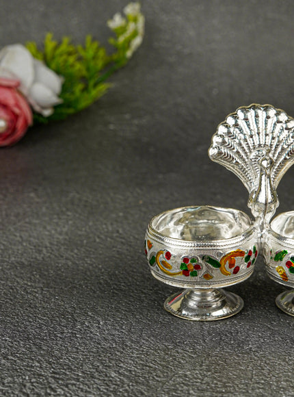 German Silver 2-Cup Kumkum Holder with Meenakari Prints - WBG0076