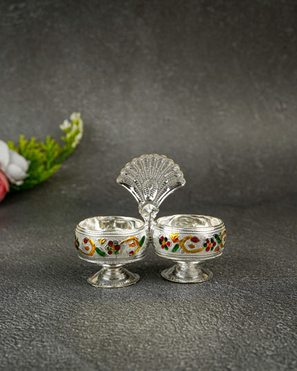 German Silver 2-Cup Kumkum Holder with Meenakari Prints - WBG0076