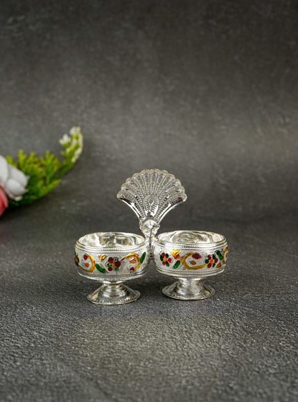 German Silver 2-Cup Kumkum Holder with Meenakari Prints - WBG0076