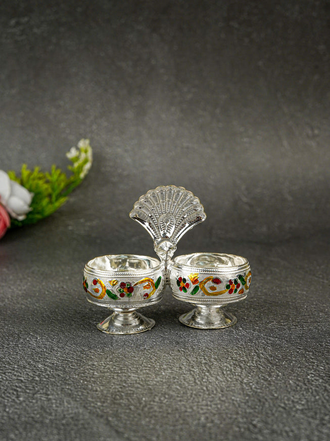 German Silver 2-Cup Kumkum Holder with Meenakari Prints - WBG0076