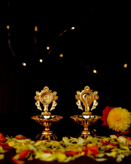 Zinc Alloy Shanku Chakra Diya - Gold - 3 inch - WBG1800-1