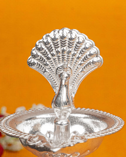 German Silver Peacock Diya - 4 inch - WBG1811