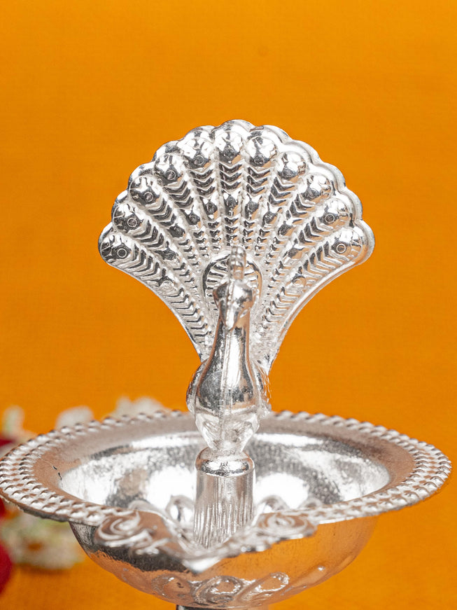 German Silver Peacock Diya - 4 inch - WBG1811