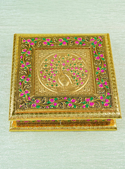 Oxidized Dry Fruit Box Embossed with Peacock - Gold - 8x8 inch - WBG1980