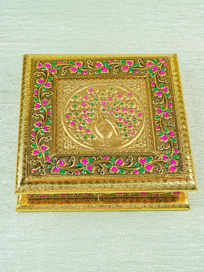 Oxidized Dry Fruit Box Embossed with Peacock - Gold - 8x8 inch - WBG1980