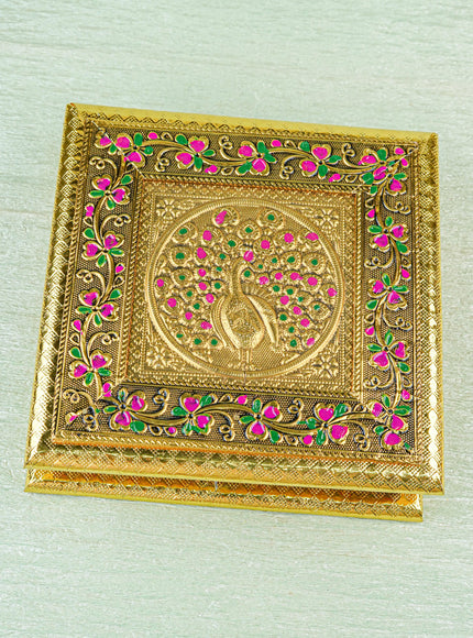 Oxidized Dry Fruit Box Embossed with Peacock - Gold - 8x8 inch - WBG1980