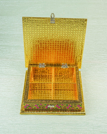Oxidized Dry Fruit Box Embossed with Peacock - Gold - 8x8 inch - WBG1980