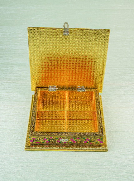 Oxidized Dry Fruit Box Embossed with Peacock - Gold - 8x8 inch - WBG1980
