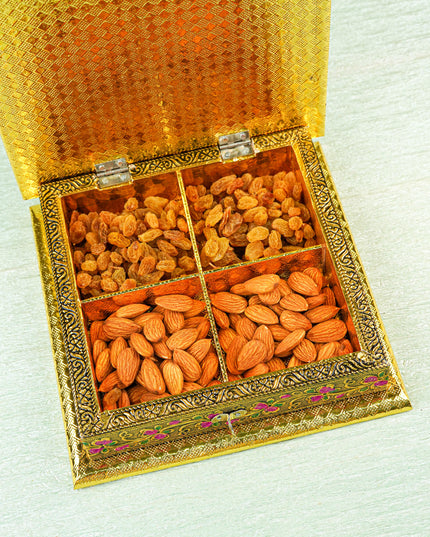 Oxidized Dry Fruit Box Embossed with Peacock - Gold - 8x8 inch - WBG1980