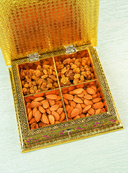 Oxidized Dry Fruit Box Embossed with Peacock - Gold - 8x8 inch - WBG1980