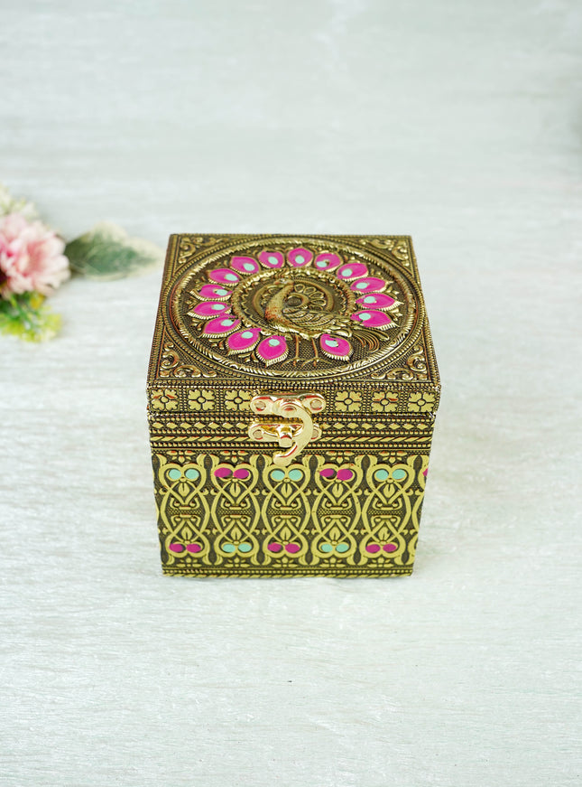 Oxidized Peacock Design - Dry Fruit Box with Jar - 4 inch - WBG2056