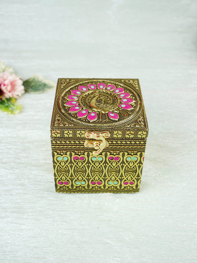 Oxidized Peacock Design - Dry Fruit Box with Jar - 4 inch - WBG2056