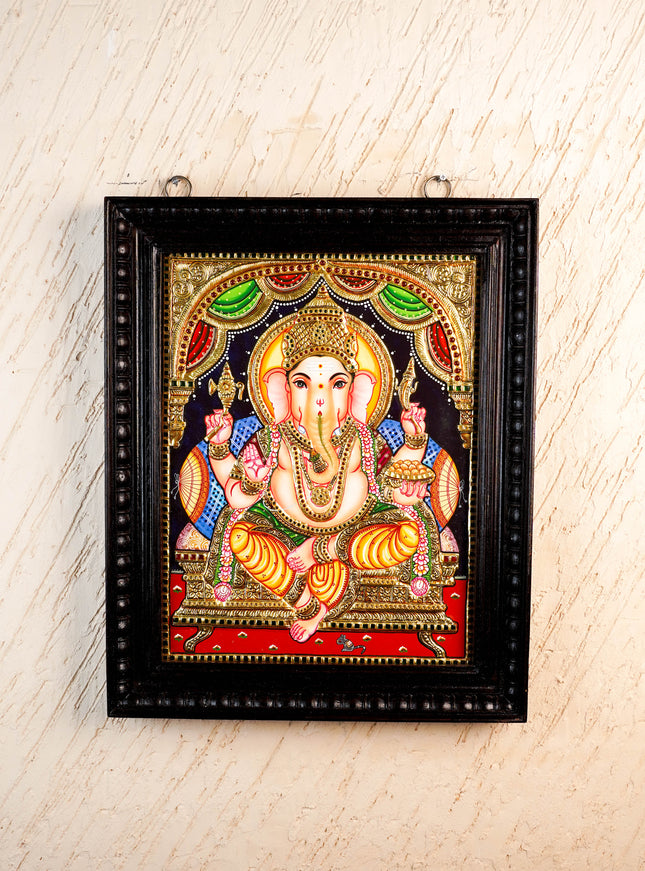 Tanjore Painting Ganesha - Flat (Gold foil) - 18x14 inch - WL2454