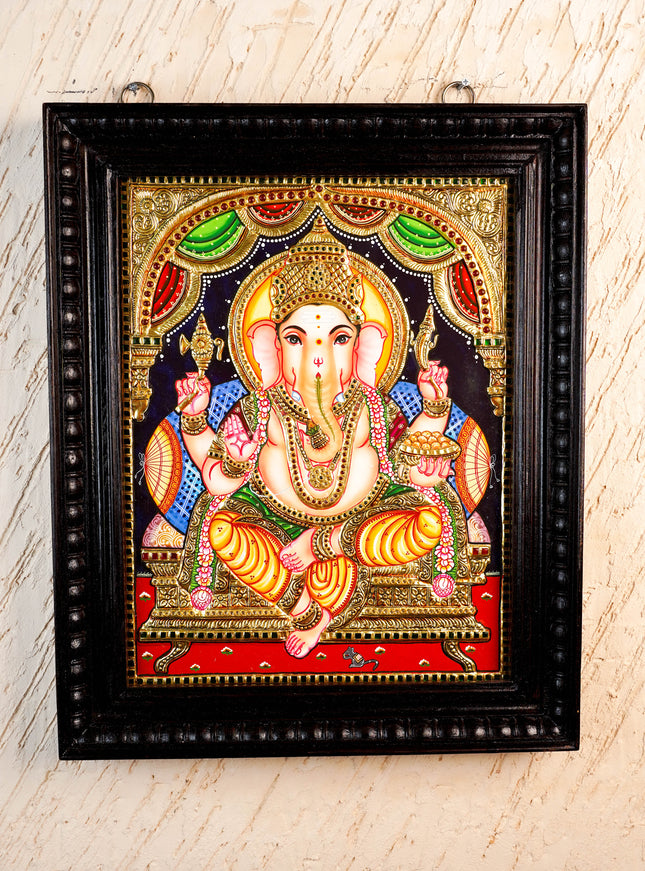 Tanjore Painting Ganesha - Flat (Gold foil) - 18x14 inch - WL2454