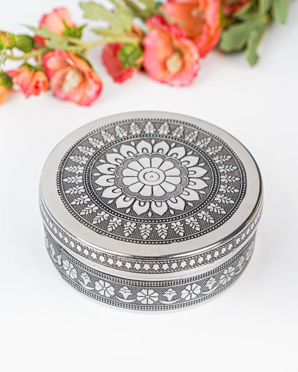Silver Oxidised Floral Design Poori Box - WL3269