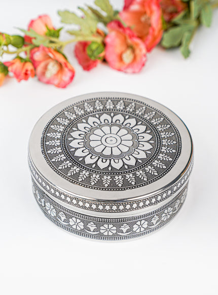 Silver Oxidised Floral Design Poori Box - WL3269