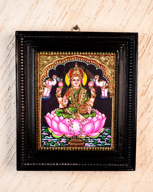 Tanjore Painting - Gajalakshmi on Lotus - Flat (Gold Foil) - 12x10inch - WL3981