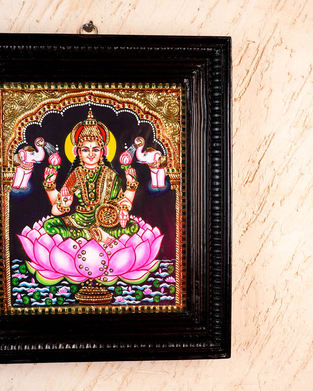 Tanjore Painting - Gajalakshmi on Lotus - Flat (Gold Foil) - 12x10inch - WL3981
