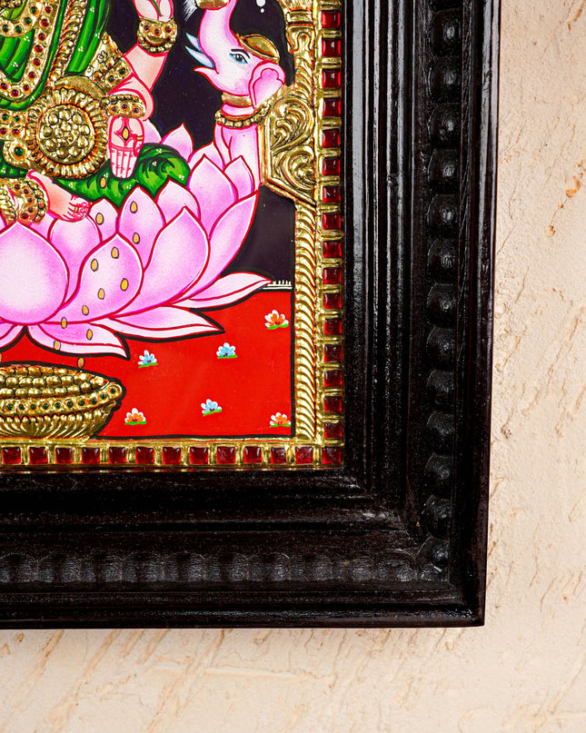 Tanjore Painting - Gajalakshmi on Lotus - Flat (Gold Foil) - 12x10inch - WL3981