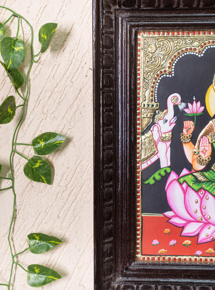 Tanjore Painting - Gajalakshmi on Lotus - Flat (Gold Foil) - 12x10inch - WL3981