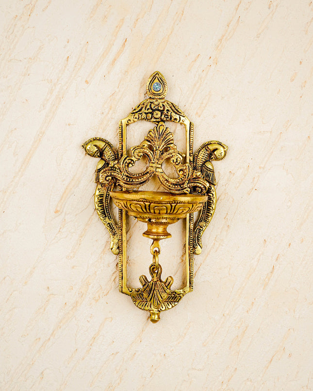 Brass Parrot Wall Hanging Diya with Single & Five Face Diya - WL4358