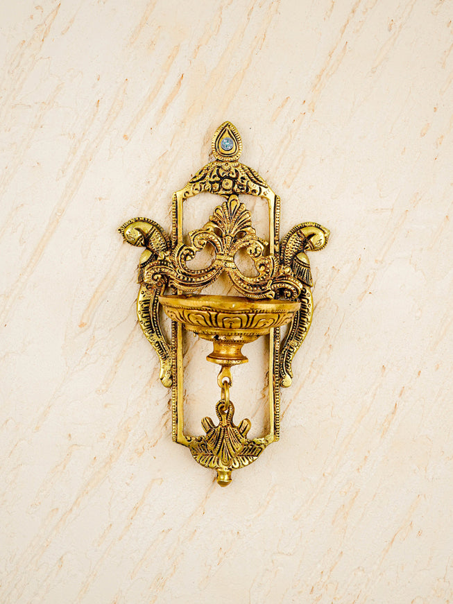 Brass Parrot Wall Hanging Diya with Single & Five Face Diya - WL4358