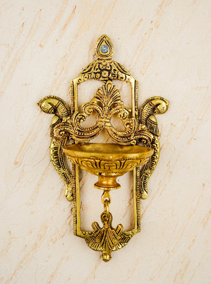 Brass Parrot Wall Hanging Diya with Single & Five Face Diya - WL4358