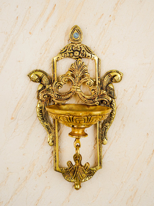 Brass Parrot Wall Hanging Diya with Single & Five Face Diya - WL4358