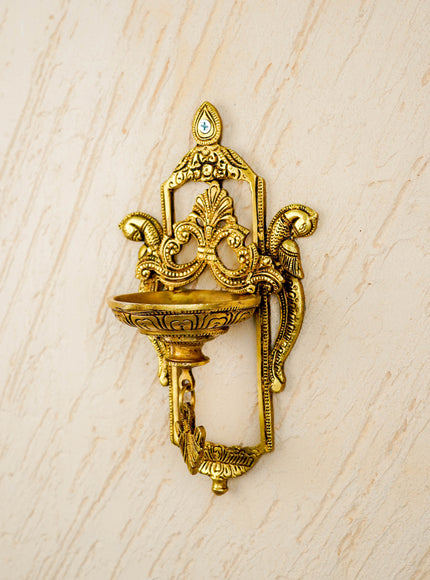 Brass Parrot Wall Hanging Diya with Single & Five Face Diya - WL4358