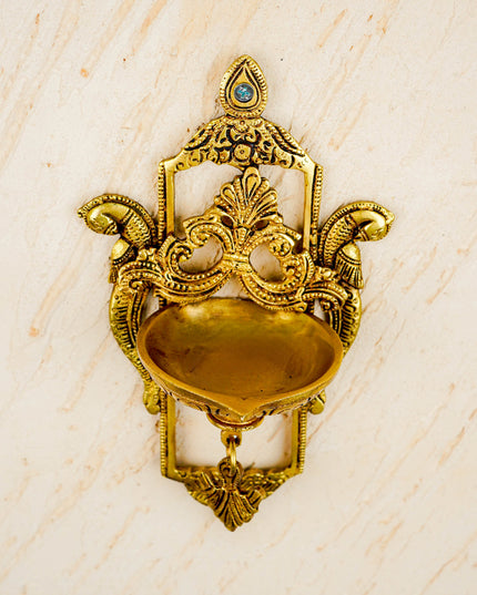 Brass Parrot Wall Hanging Diya with Single & Five Face Diya - WL4358