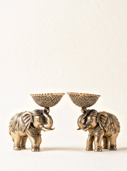 Brass Elephant with Diya - Set of 2 - WL4914