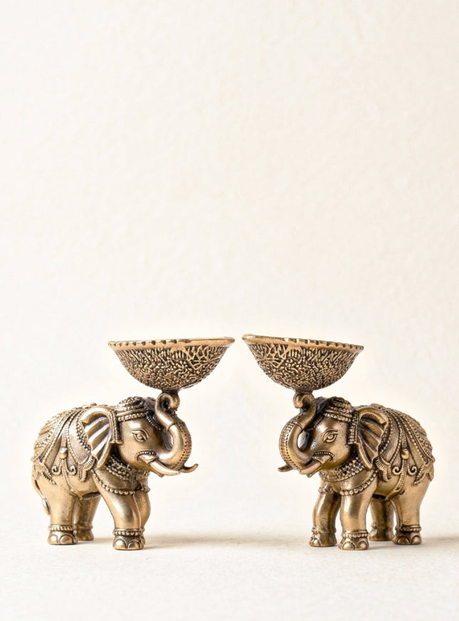 Brass Elephant with Diya - Set of 2 - WL4914