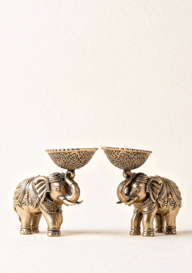 Brass Elephant with Diya - Set of 2 - WL4914
