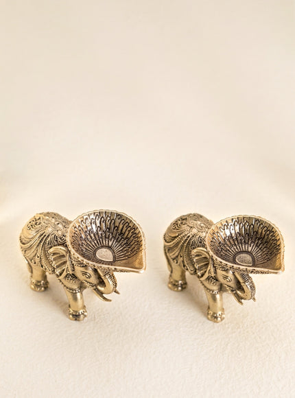Brass Elephant with Diya - Set of 2 - WL4914