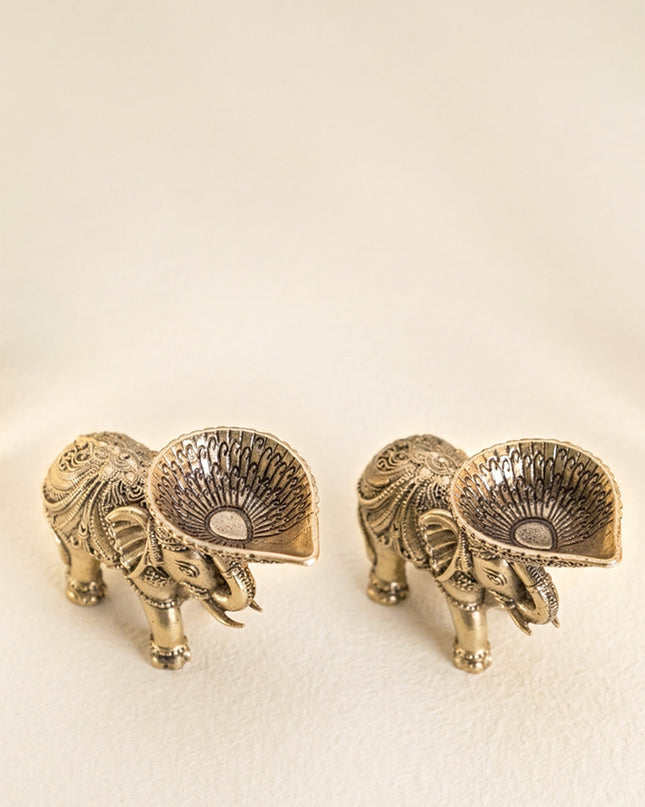 Brass Elephant with Diya - Set of 2 - WL4914