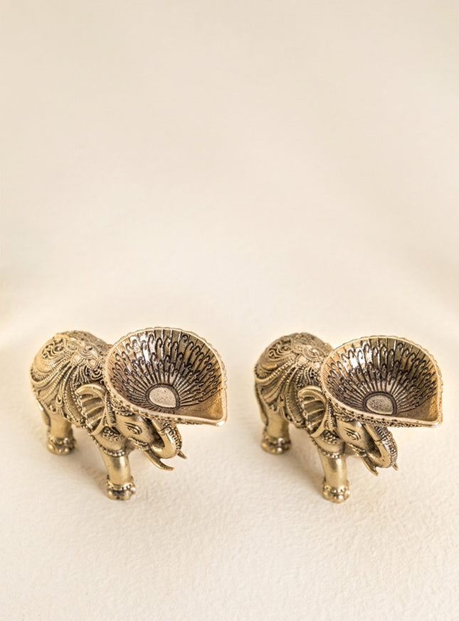 Brass Elephant with Diya - Set of 2 - WL4914