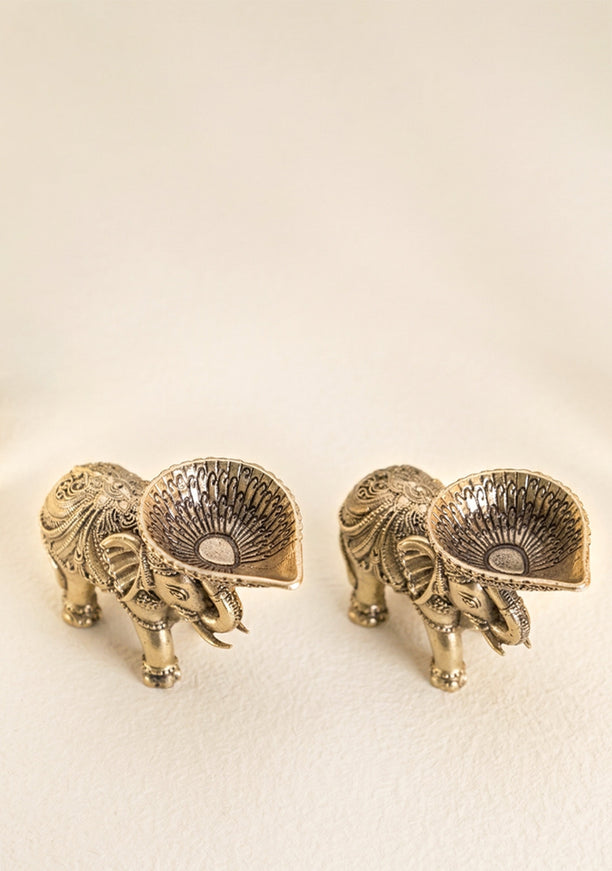 Brass Elephant with Diya - Set of 2 - WL4914